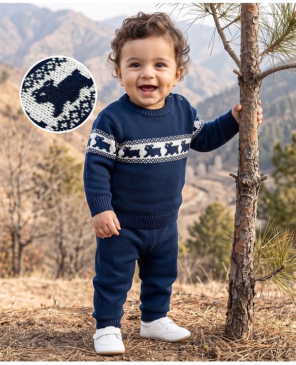 Babyhug Knit Full Sleeves Sweater Set With Animal Design - Navy Blue