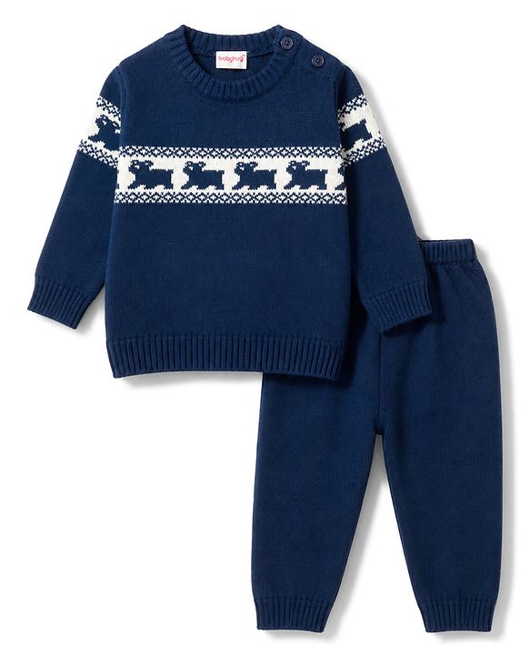 Babyhug Knit Full Sleeves Sweater Set With Animal Design - Navy Blue