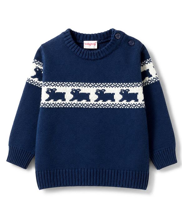 Babyhug Knit Full Sleeves Sweater Set With Animal Design - Navy Blue