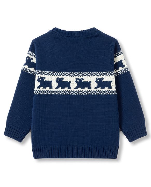Babyhug Knit Full Sleeves Sweater Set With Animal Design - Navy Blue