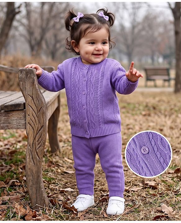 Babyhug Knit Full Sleeves Sweater Set with Cable Knit Design - Purple