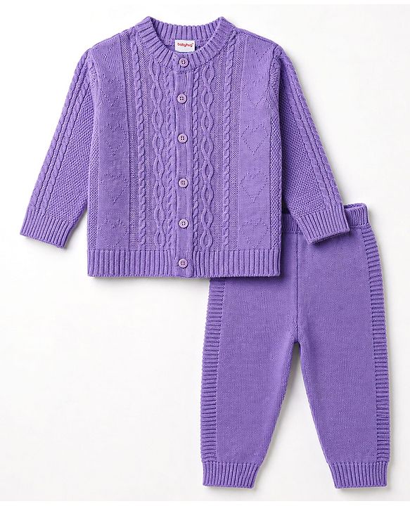 Babyhug Knit Full Sleeves Sweater Set with Cable Knit Design - Purple