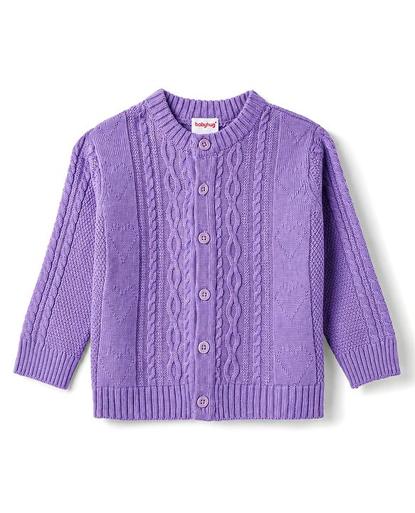 Babyhug Knit Full Sleeves Sweater Set with Cable Knit Design - Purple