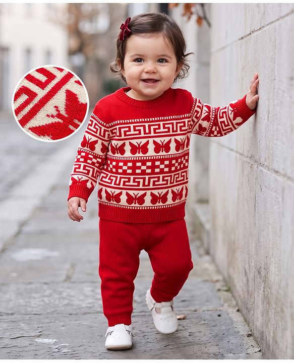 Babyhug Knit Full Sleeves Sweater Set With Butterfly Design - White & Red