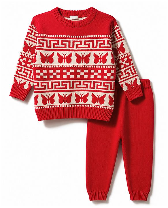 Babyhug Knit Full Sleeves Sweater Set With Butterfly Design - White & Red