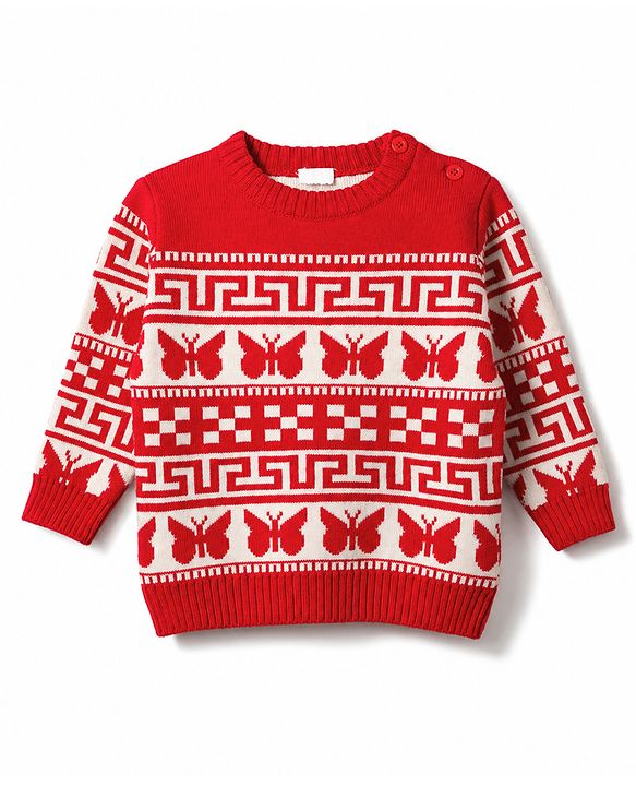 Babyhug Knit Full Sleeves Sweater Set With Butterfly Design - White & Red