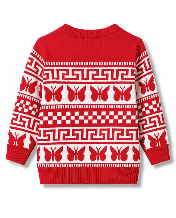 Babyhug Knit Full Sleeves Sweater Set With Butterfly Design - White & Red