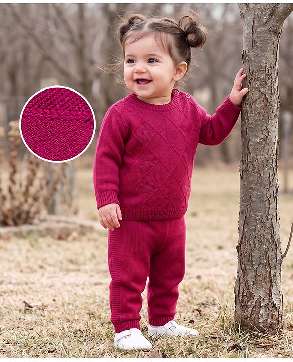Babyhug Full Sleeves Sweater Set With Chevron Knitting Design - Wine