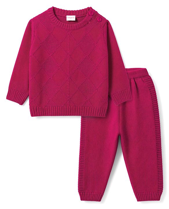 Babyhug Full Sleeves Sweater Set With Chevron Knitting Design - Wine