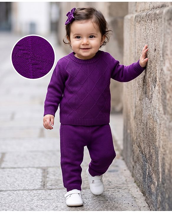 Babyhug Full Sleeves Sweater Set With Chevron Knitting Design - Purple