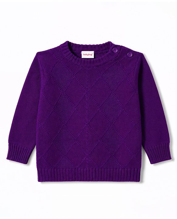 Babyhug Full Sleeves Sweater Set With Chevron Knitting Design - Purple