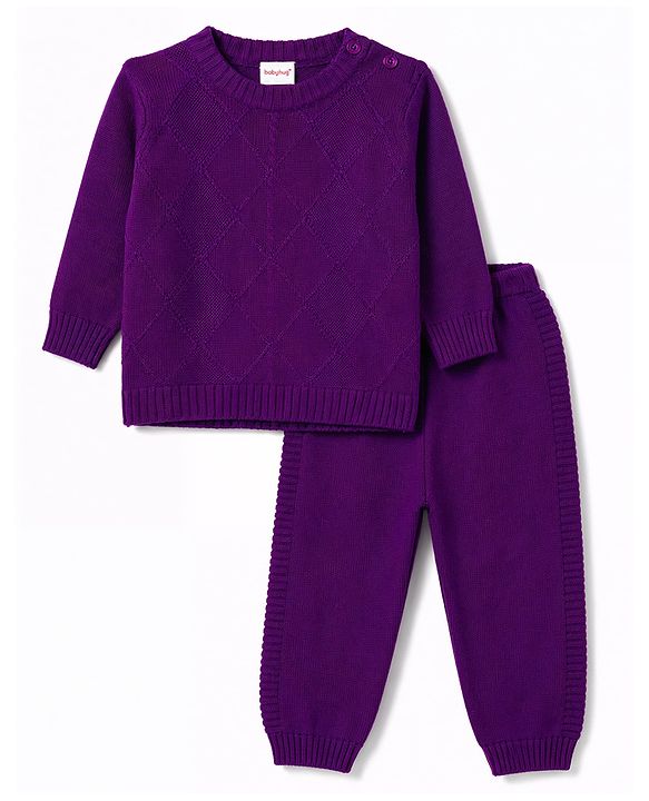 Babyhug Full Sleeves Sweater Set With Chevron Knitting Design - Purple