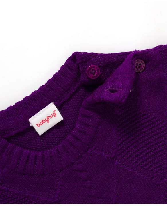 Babyhug Full Sleeves Sweater Set With Chevron Knitting Design - Purple