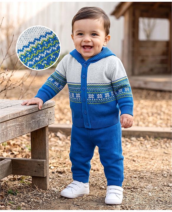 Babyhug Knit Full Sleeves Striped Hooded Sweater Set with Floral Design - Blue