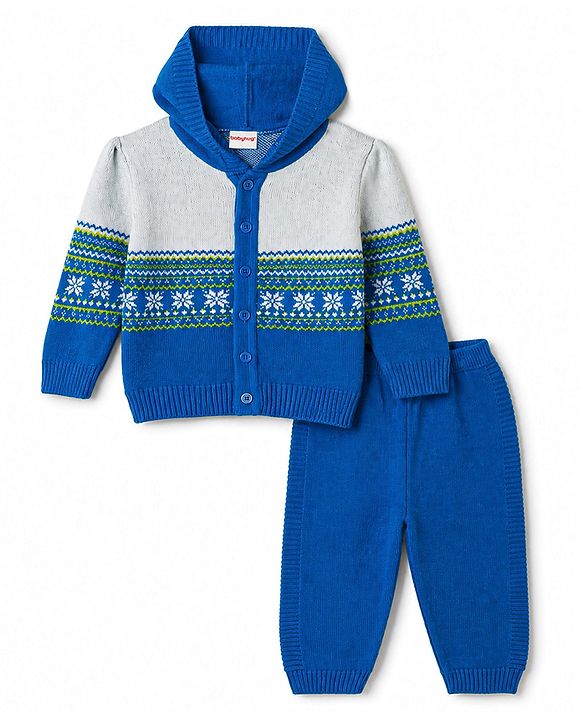 Babyhug Knit Full Sleeves Striped Hooded Sweater Set with Floral Design - Blue