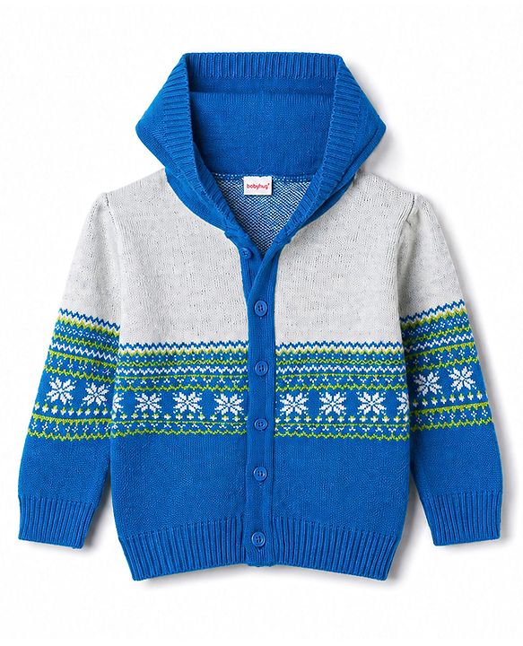 Babyhug Knit Full Sleeves Striped Hooded Sweater Set with Floral Design - Blue