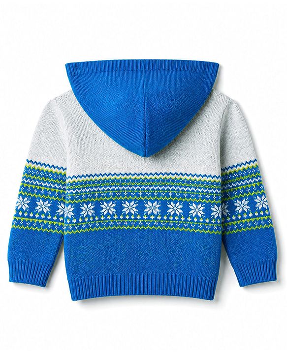 Babyhug Knit Full Sleeves Striped Hooded Sweater Set with Floral Design - Blue