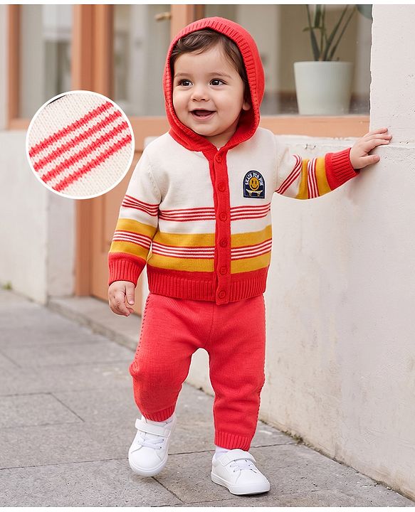 Babyhug Knit Full Sleeves Striped Sweater Set with Hood - Red