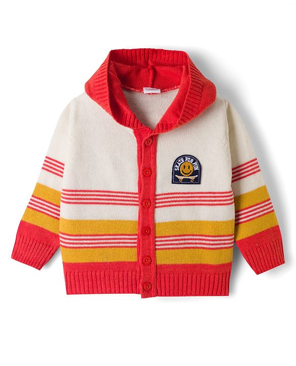 Babyhug Knit Full Sleeves Striped Sweater Set with Hood - Red
