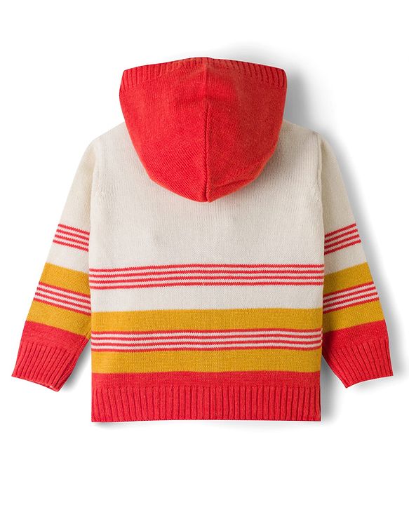 Babyhug Knit Full Sleeves Striped Sweater Set with Hood - Red