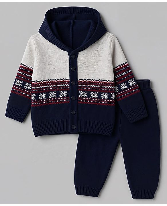 Babyhug Knit Full Sleeves Hooded Sweater Set with Abstract Design - Navy Blue