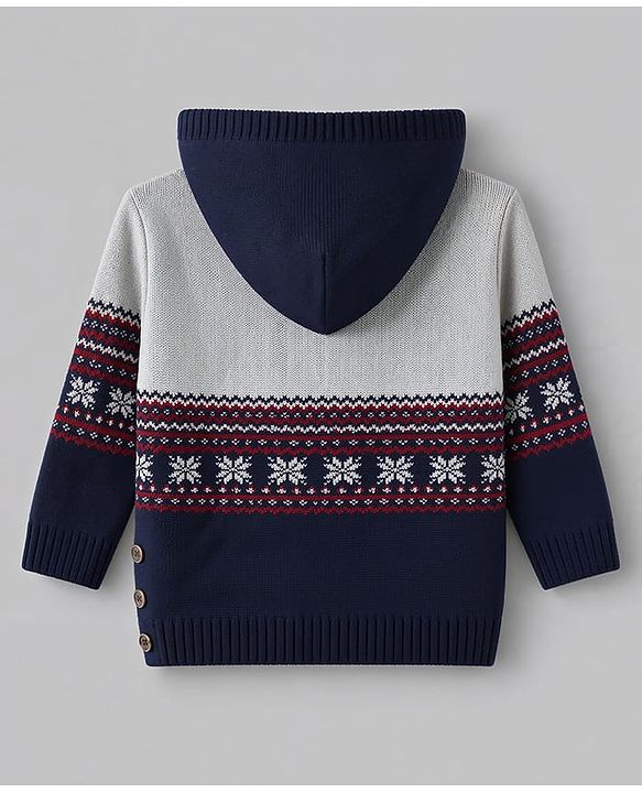Babyhug Knit Full Sleeves Hooded Sweater Set with Abstract Design - Navy Blue