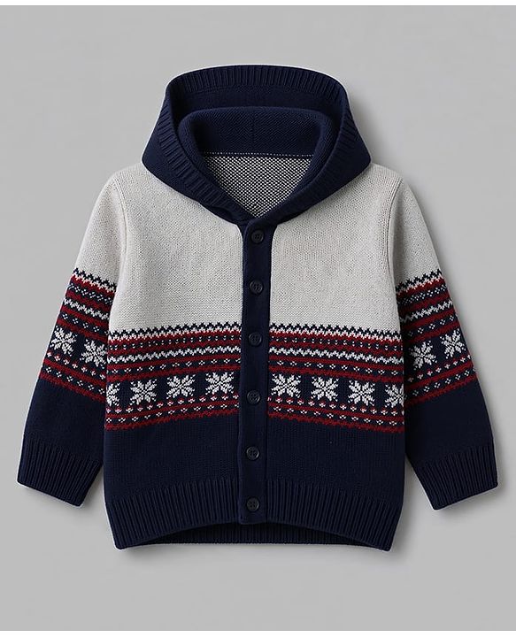 Babyhug Knit Full Sleeves Hooded Sweater Set with Abstract Design - Navy Blue