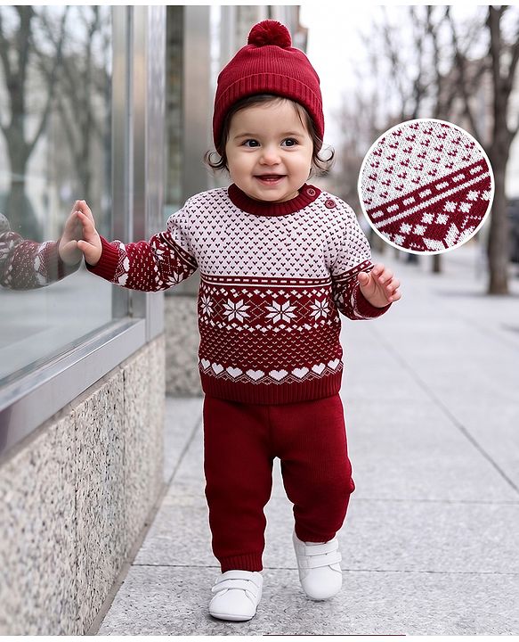 Babyhug Knit Full Sleeves Floral Designed Sweater Set with Cap - Wine