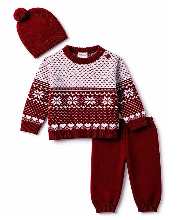 Babyhug Knit Full Sleeves Floral Designed Sweater Set with Cap - Wine