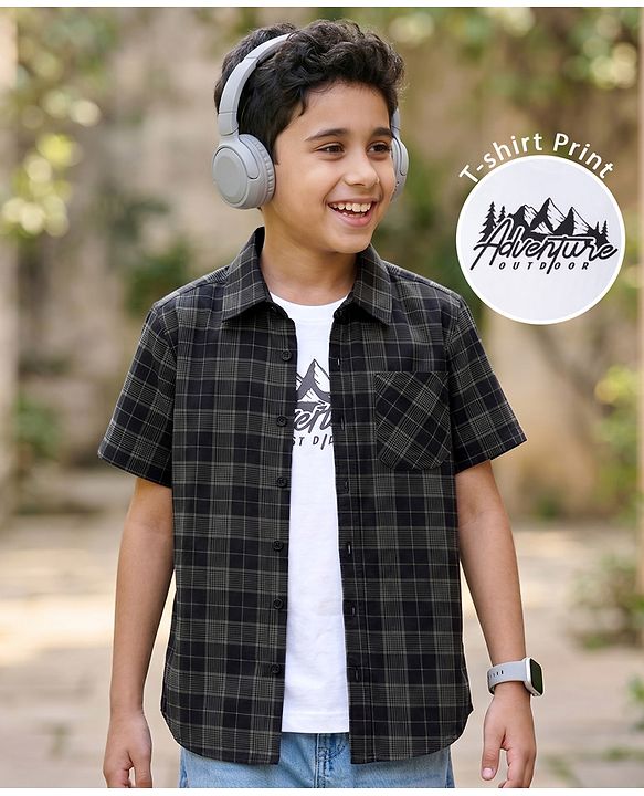 Pine Kids Cotton Woven Half  Sleeves Checks Shirt & Printed T-Shirt - Multicolor