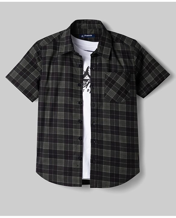 Pine Kids Cotton Woven Half  Sleeves Checks Shirt & Printed T-Shirt - Multicolor