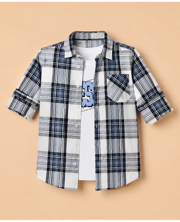 Pine Kids 100% Cotton Woven Half Sleeves Checked Shirt and T-Shirt with Blessed Text Print in Blue