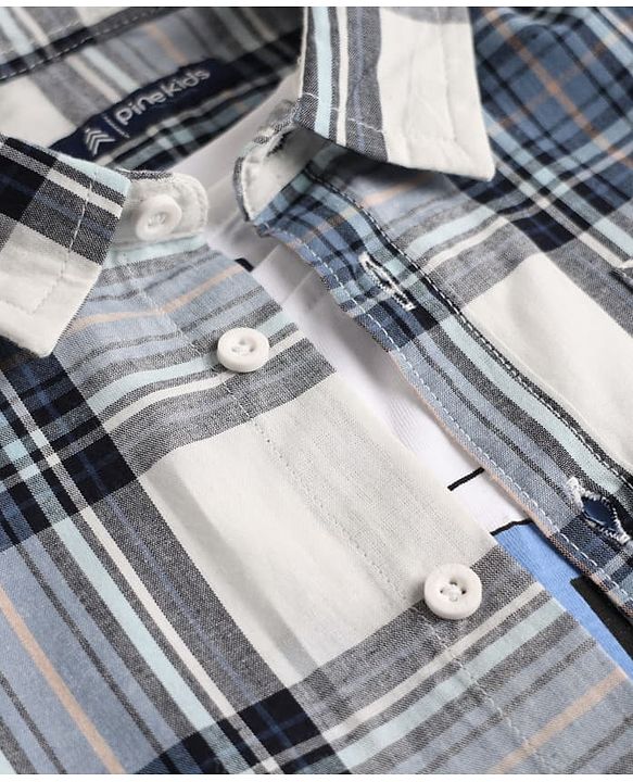 Pine Kids 100% Cotton Woven Half Sleeves Checked Shirt and T-Shirt with Blessed Text Print in Blue