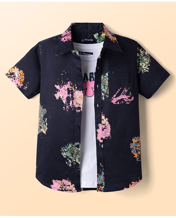 Pine Kids Cotton Woven Half Sleeves Printed Shirt With T-Shirt - Blue