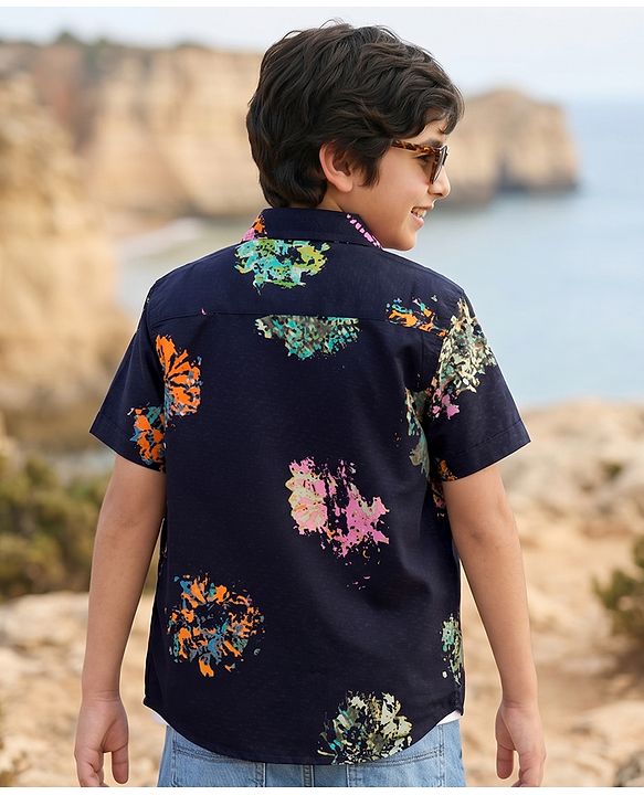 Pine Kids Cotton Woven Half Sleeves Printed Shirt With T-Shirt - Blue