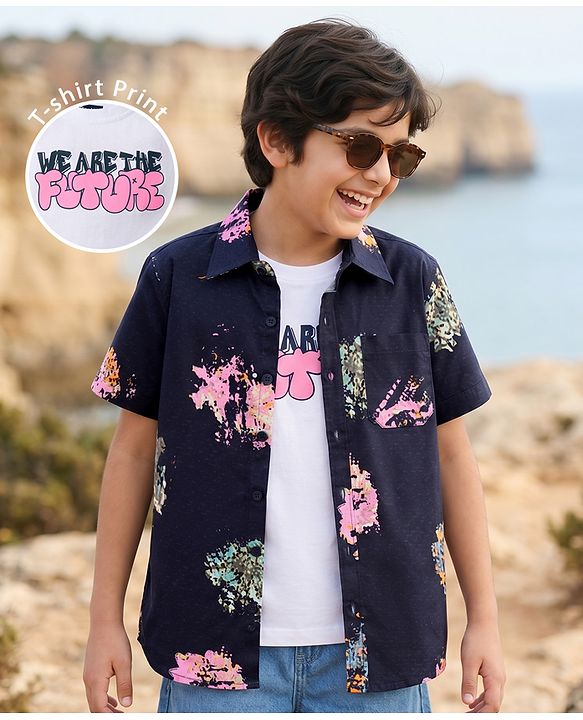Pine Kids Cotton Woven Half Sleeves Printed Shirt With T-Shirt - Blue