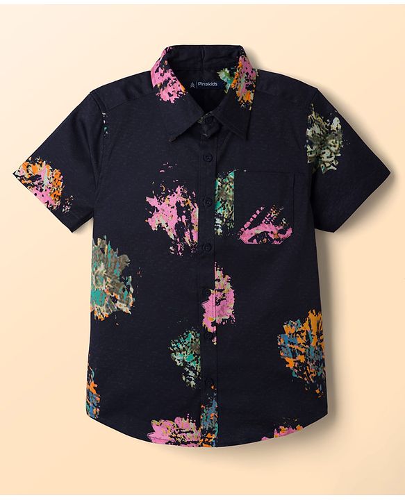 Pine Kids Cotton Woven Half Sleeves Printed Shirt With T-Shirt - Blue