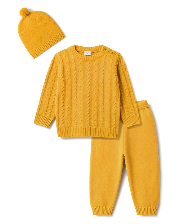 Babyhug Knit Full Sleeves Sweater Set With Cap & Cable Knit - Mustard