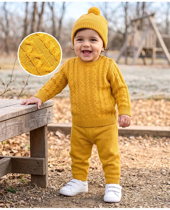 Babyhug Knit Full Sleeves Sweater Set With Cap & Cable Knit - Mustard