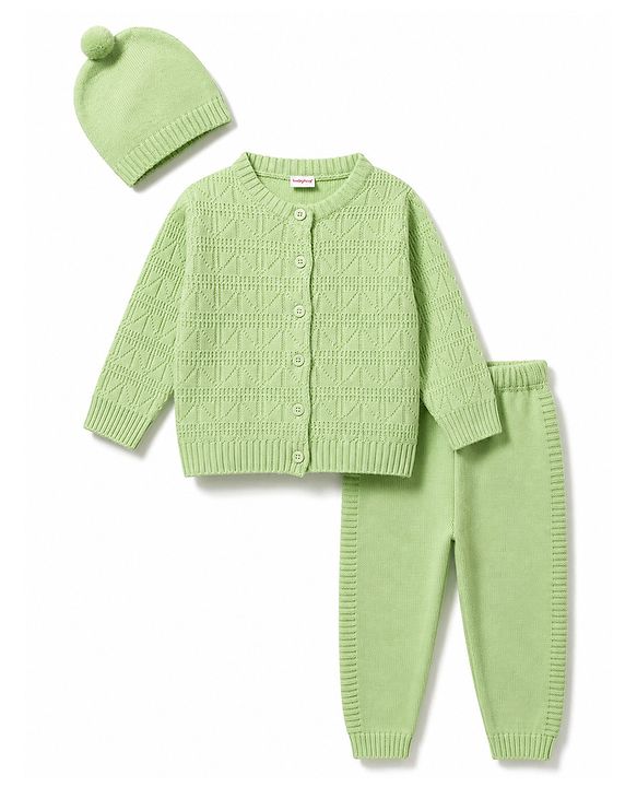 Babyhug Knit Full Sleeves Solid Textured Sweater Set With Cap - Light Green