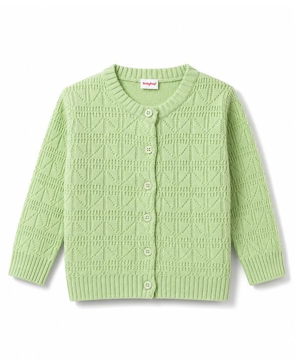 Babyhug Knit Full Sleeves Solid Textured Sweater Set With Cap - Light Green