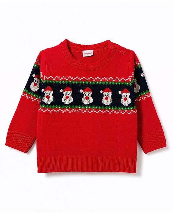 Babyhug Knit Full Sleeves Sweater Set With Santa Design - Red