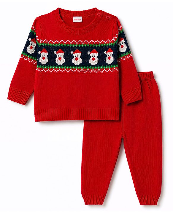 Babyhug Knit Full Sleeves Sweater Set With Santa Design - Red