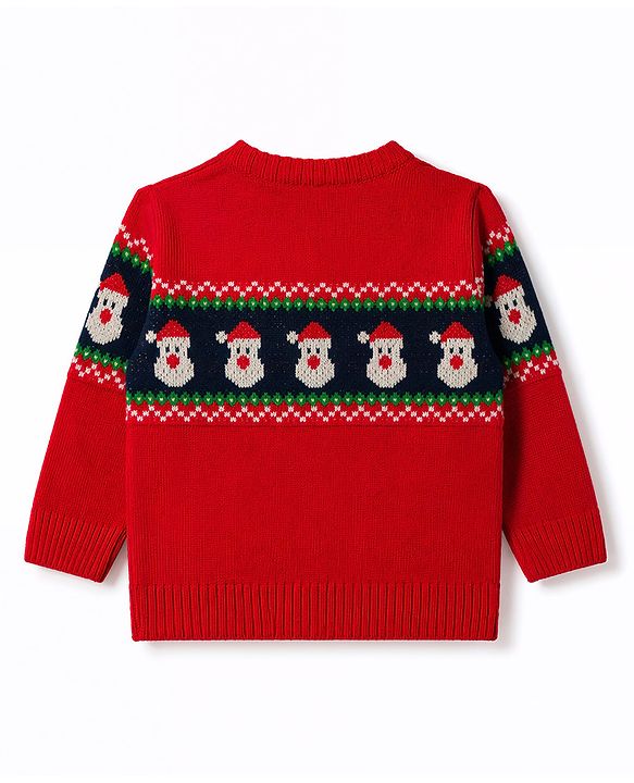 Babyhug Knit Full Sleeves Sweater Set With Santa Design - Red