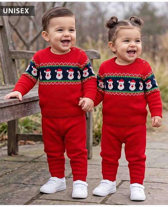 Babyhug Knit Full Sleeves Sweater Set With Santa Design - Red