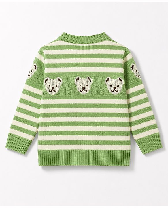 Babyhug Knit Full Sleeves Striped Sweater Set With Bear Design - Green