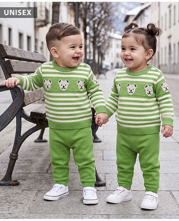 Babyhug Knit Full Sleeves Striped Sweater Set With Bear Design - Green