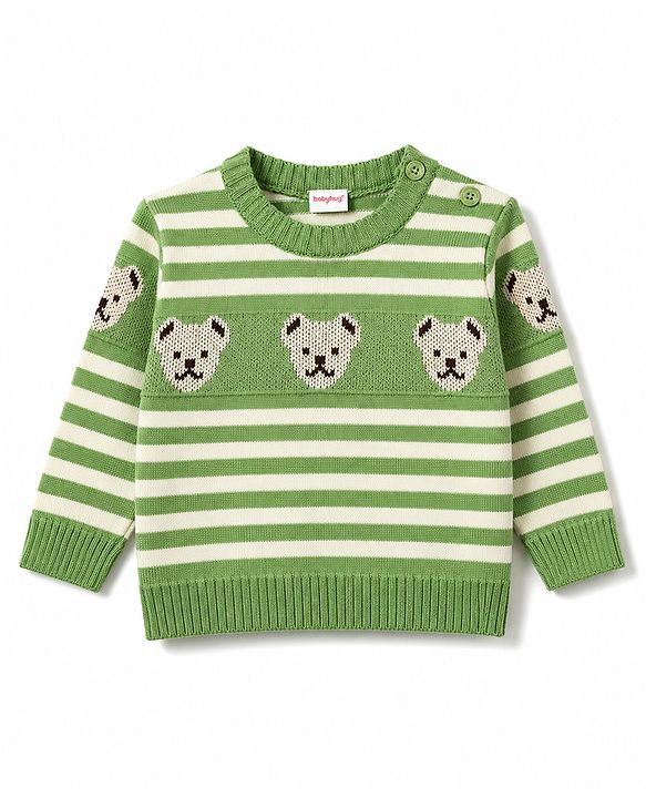 Babyhug Knit Full Sleeves Striped Sweater Set With Bear Design - Green