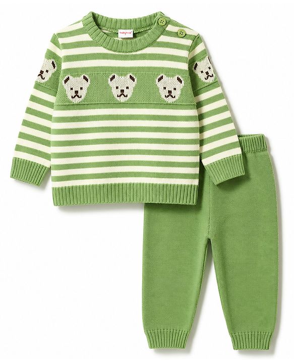 Babyhug Knit Full Sleeves Striped Sweater Set With Bear Design - Green