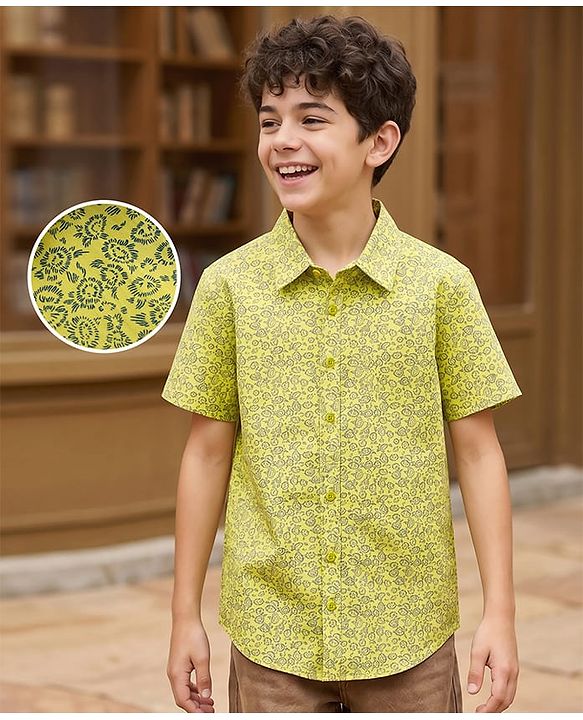 Pine Kids Cotton Woven Shirts Printed Half Sleeves Regular Yellow 4-5 Years